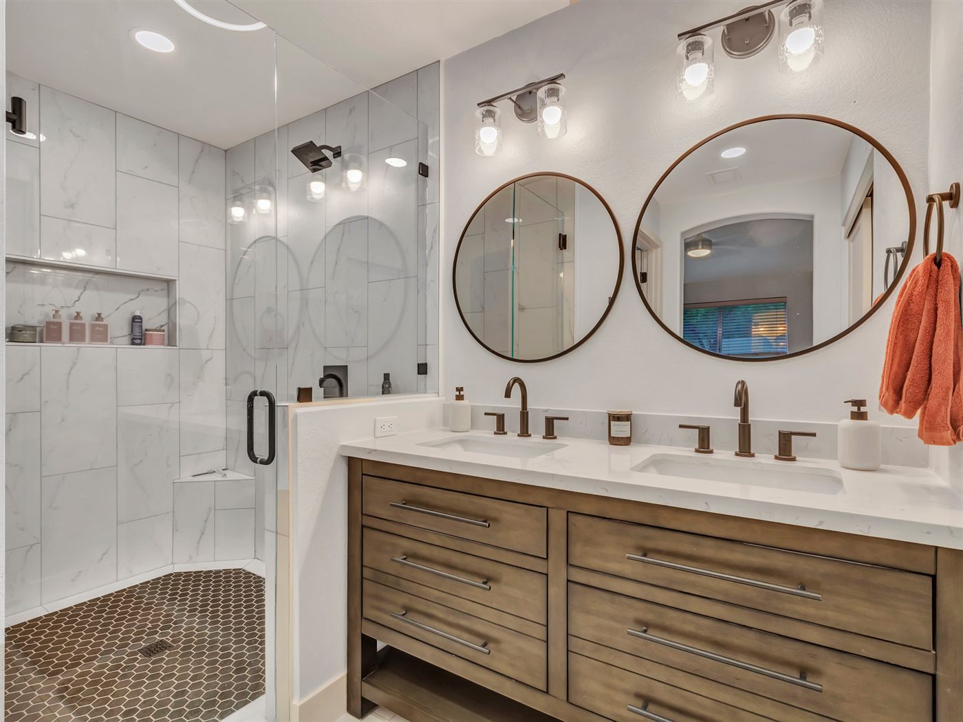 About Master bathroom remodel with marble tile shower and double vanity in Mesa, Arizona